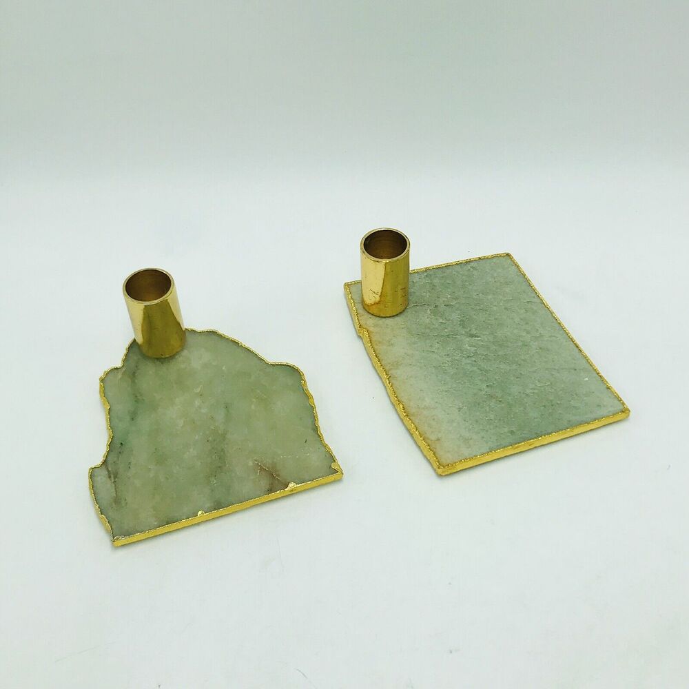 Set Of 2 Gemstone Candle Stick Crystal Holders Rock Gold